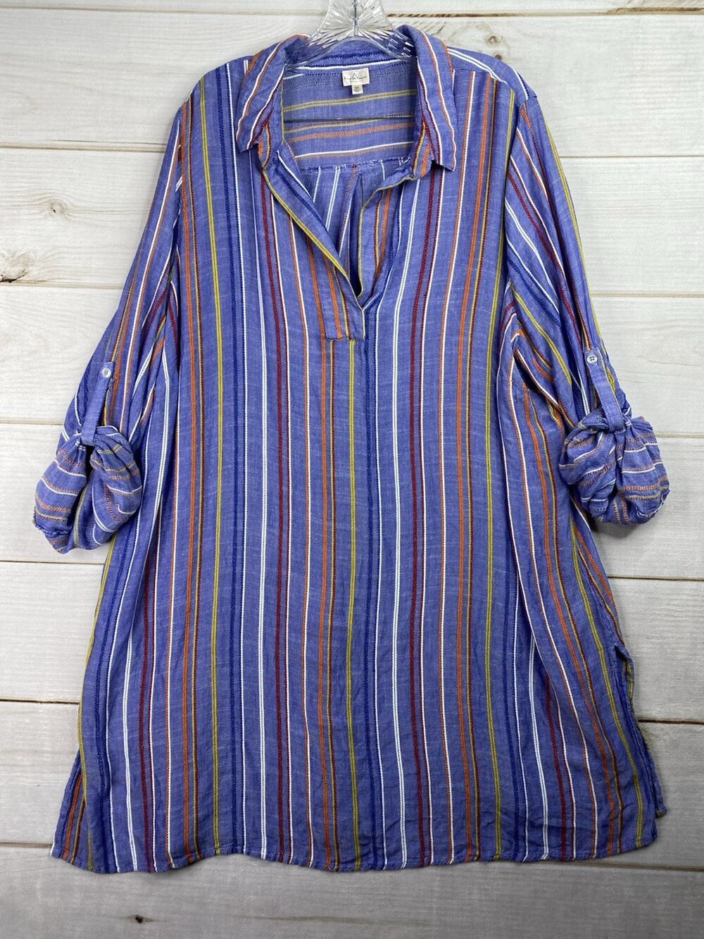 Keep In Touch Tunic Shirt Dress Womens 3X Blue Multi Color Stripe Rayon Cover Up